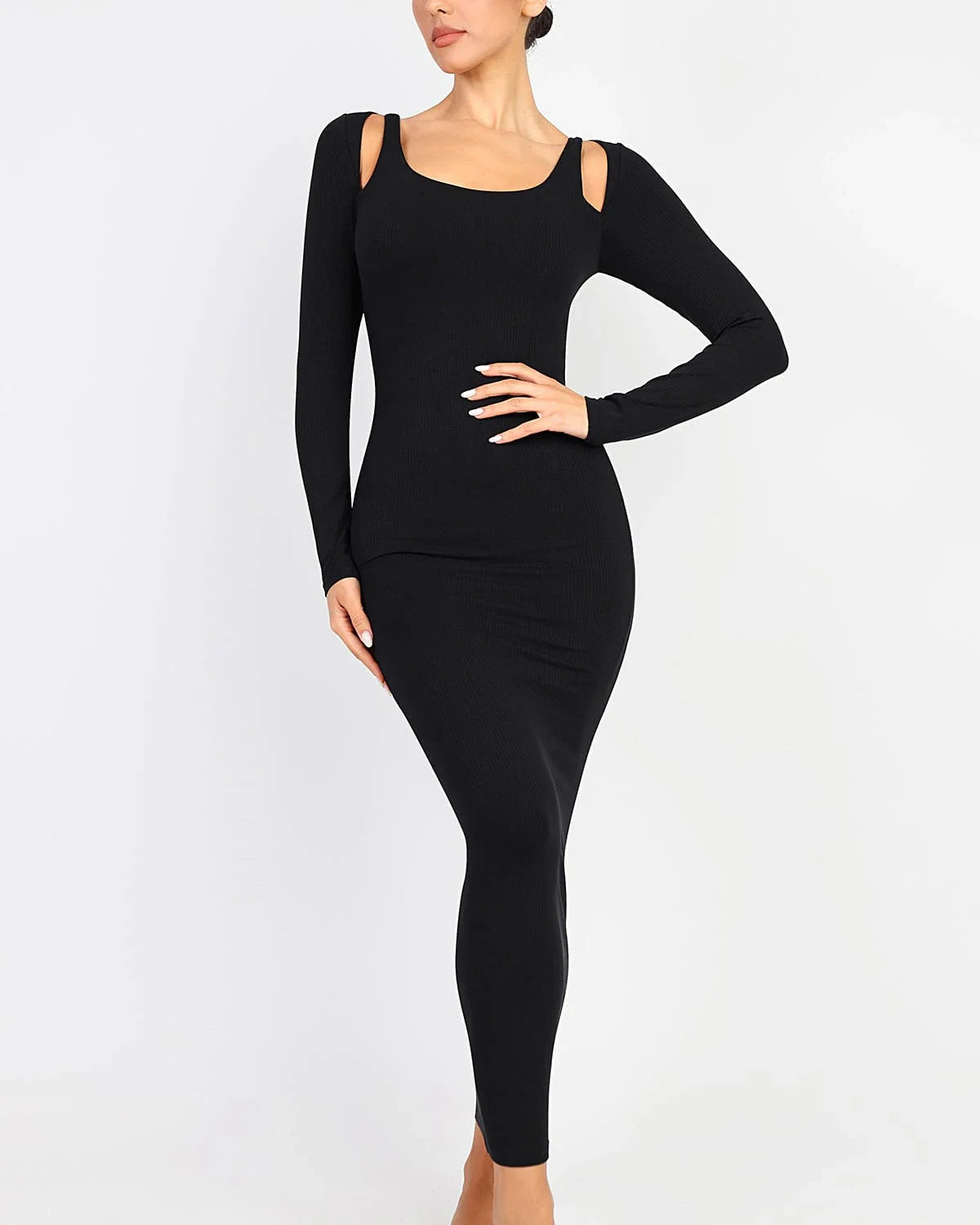 Cozy Ribbed Shoulder Cut-Out Shaping Dress Stylish Comfort and Flatter