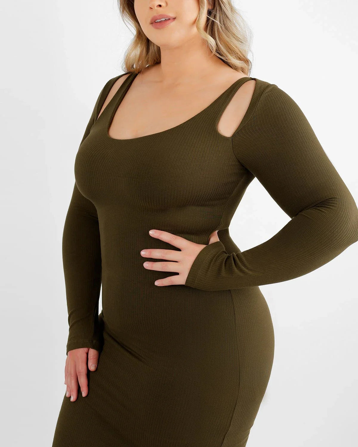 Cozy Ribbed Shoulder Cut-Out Shaping Dress Stylish Comfort and Flatter